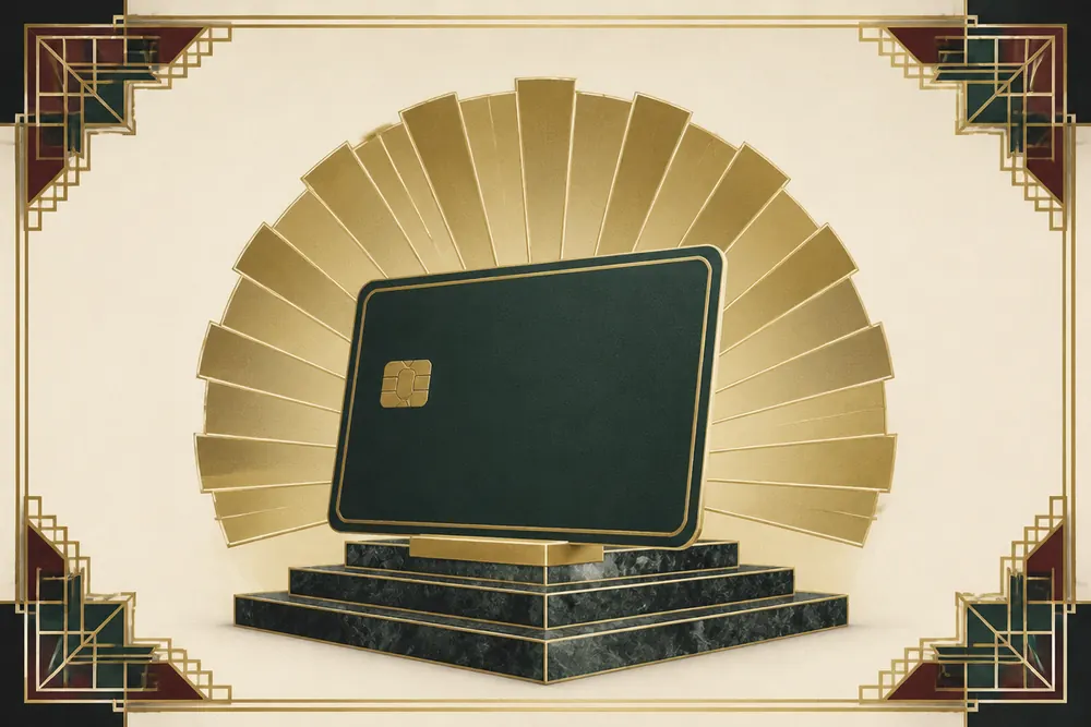 A blank premium charge card on an ivory field with a deco fan behind it