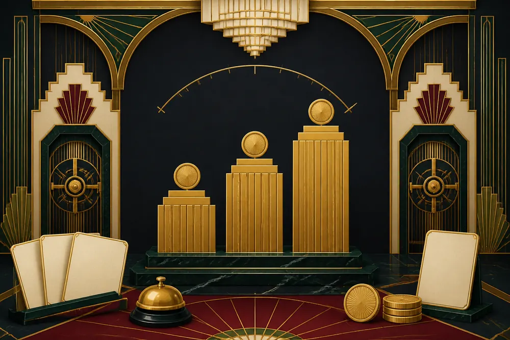 Three stepped gold columns of different heights with coins resting on them