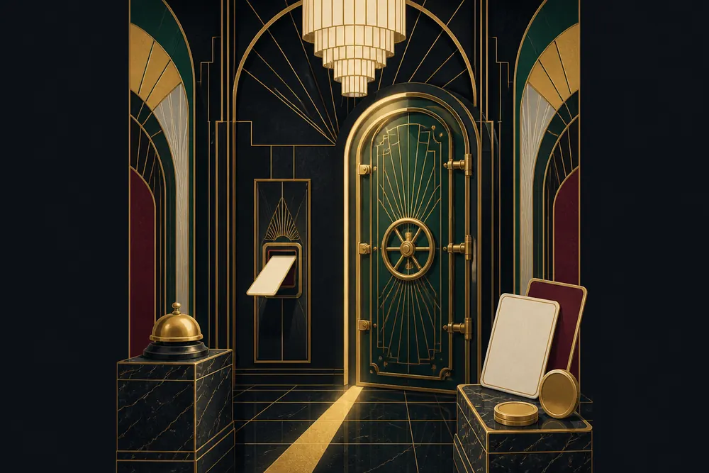 A deco vault door with a blank card entering a reader beside it